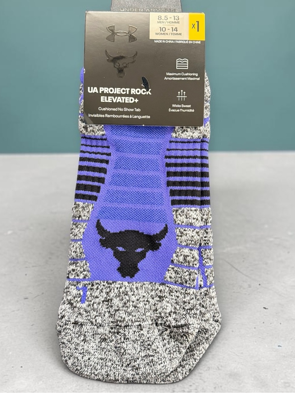 Under Armour Project Rock No-Show Socks in Electric Purple & Gray